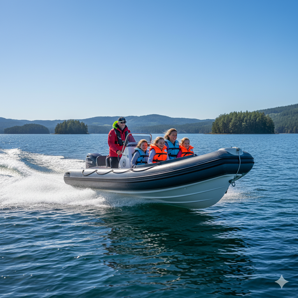 Illustrative family boating scene
